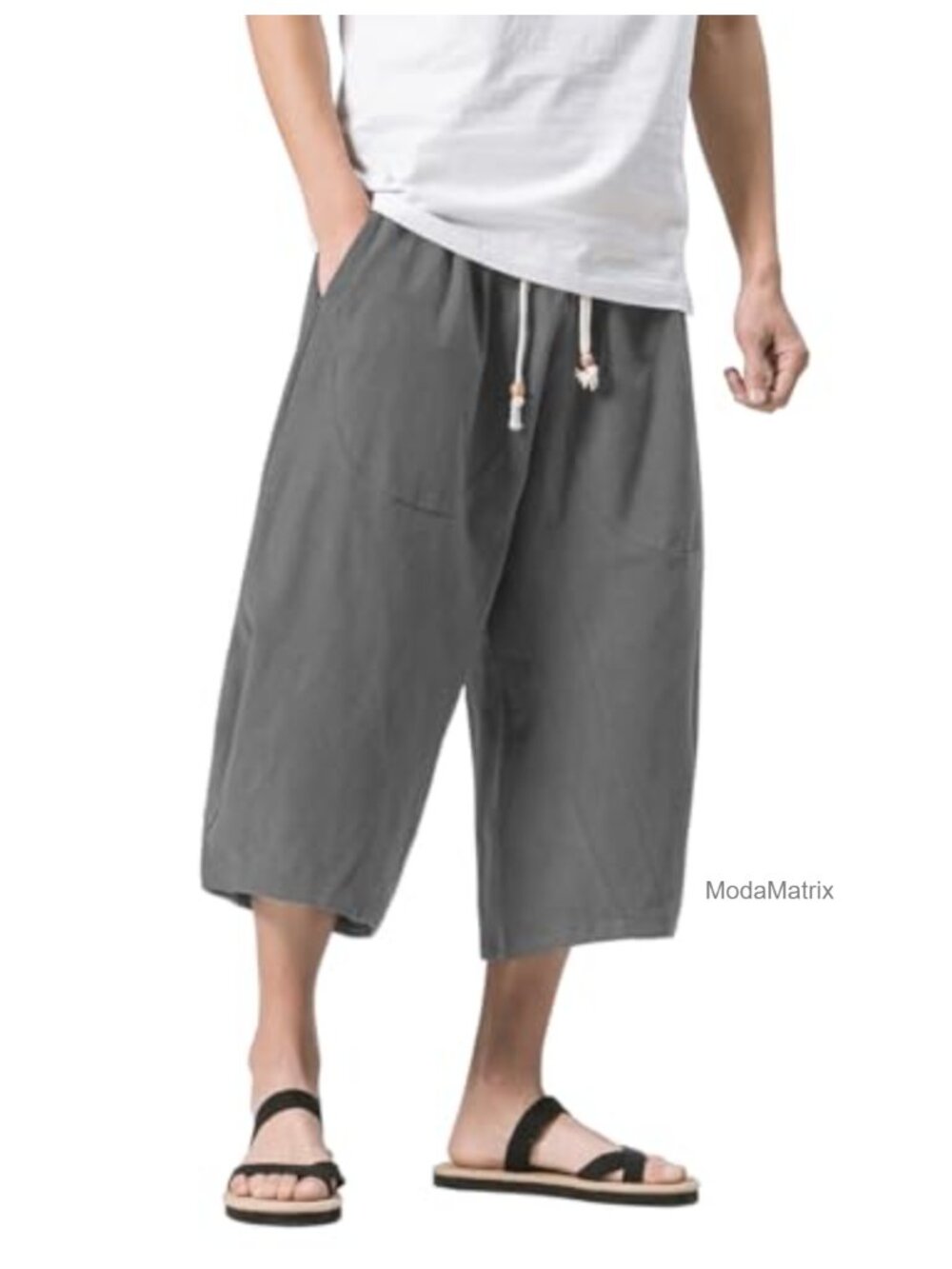 Linen Capri Pants Elastic Waist Wide Leg Harem Pants